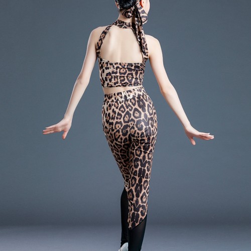 Girls kids leopard printed latin dance costumes stage performance modern dance latin outfits latin tops and pants
